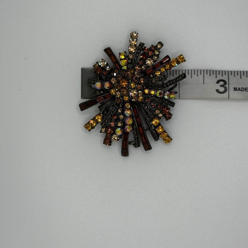 Vintage Amber Topaz Rhinestone Starburst Sparkle Brooch Gunmetal Sunburst Pin - Picture 3 of 10